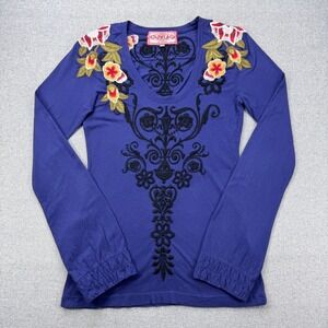 Johnny Was Top JWLA Embroidered Floral Womens Small Blue Long Sleeve Boho Folk